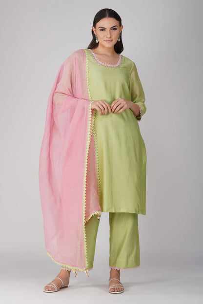 Green-Pink Chanderi Kurta Pant Set at Kamakhyaa by Devyani Mehrotra. This item is Chanderi, Embellished, Green, Indian Wear, Natural, Party Wear, Pink, Regular Fit, Womenswear