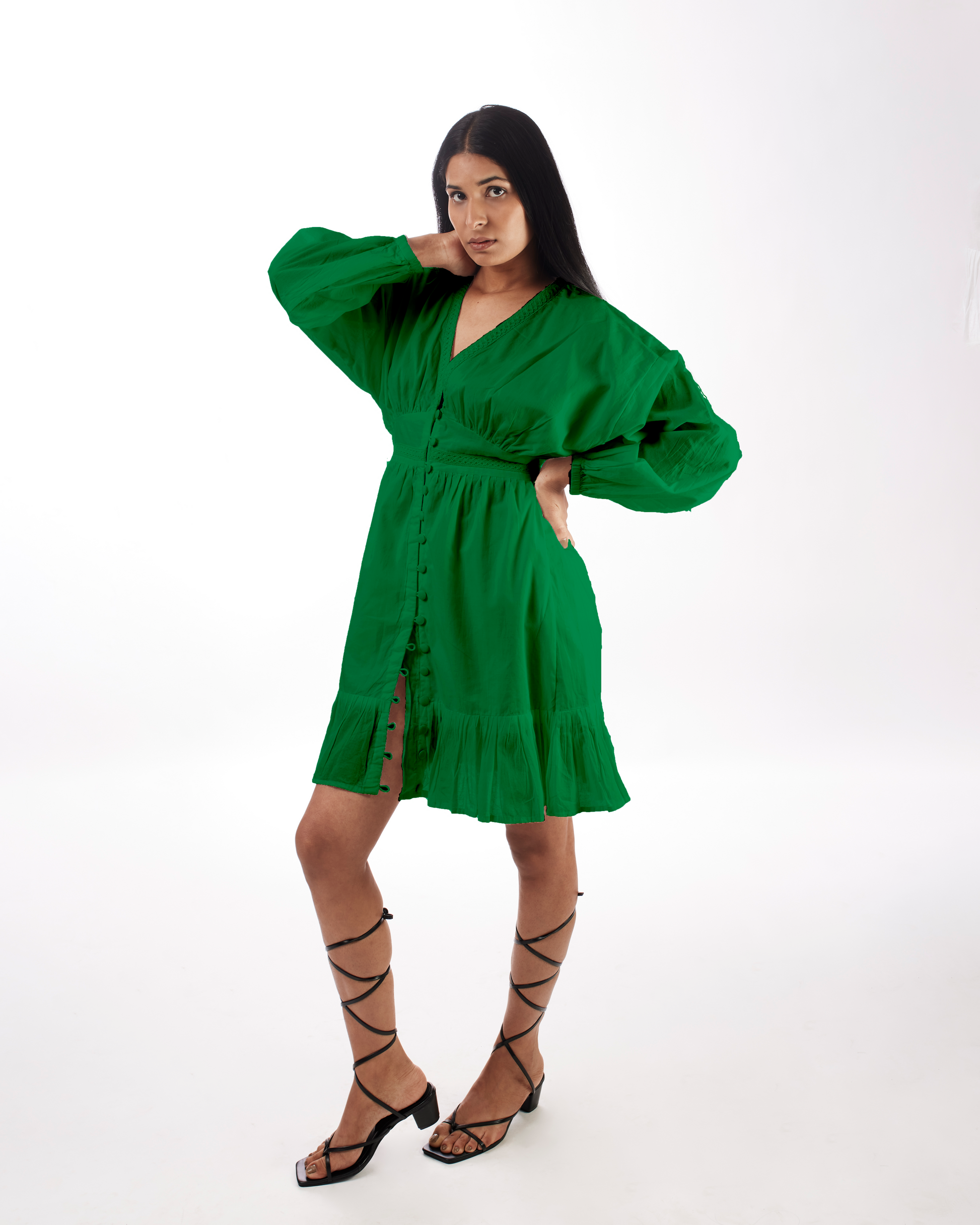 Green Plunge Neck Dress at Kamakhyaa by Kamakhyaa. This item is 100% pure cotton, Casual Wear, FB ADS JUNE, Green, KKYSS, Mini Dresses, Natural, Regular Fit, Solids, Summer Sutra, Womenswear