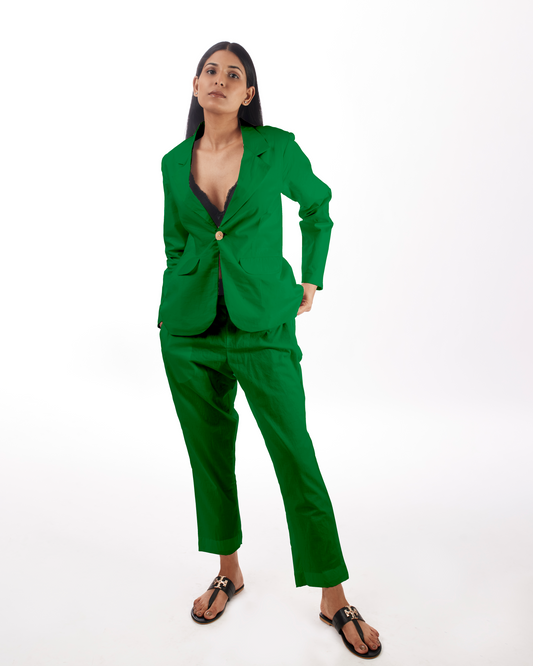 Green Power Suit Co-ord at Kamakhyaa by Kamakhyaa. This item is 100% pure cotton, Co-ord Sets, Green, KKYSS, Natural, Office, Office Wear, Office Wear Co-ords, Regular Fit, Solids, Summer Sutra, Womenswear