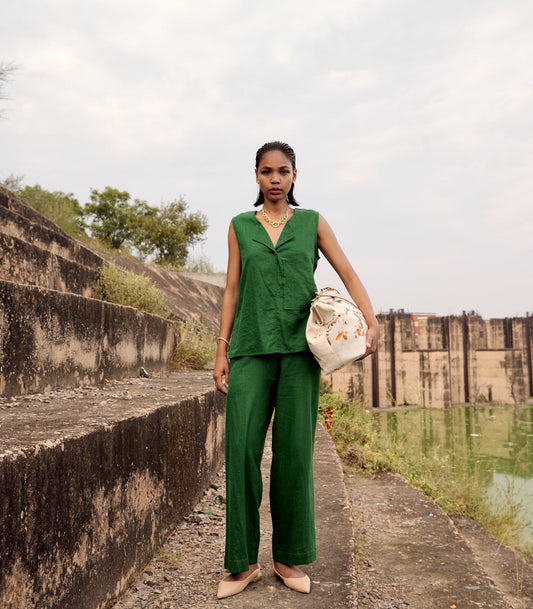 Green Printed Co-ord Set at Kamakhyaa by Khara Kapas. This item is Birdsong, Casual Wear, comfort fashion, Complete Sets, cotton, Green, handcrafted, handmade, kharakapas, Prints, pure cotton, Womenswear