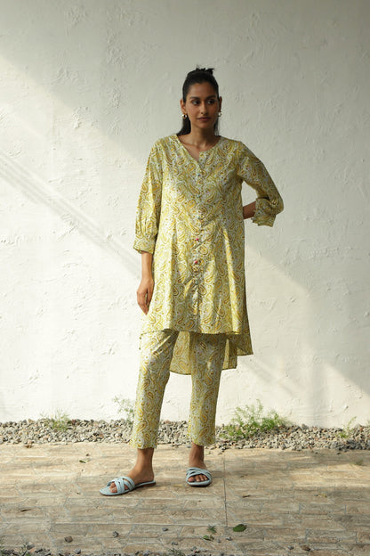 Green Printed Cotton Flared Co-Ord Set at Kamakhyaa by Canoopi. This item is Canoopi, Casual Wear, Cotton, Green, Indian Wear, Kurta Pant Sets, Natural, Prints, Regular Fit, Womenswear