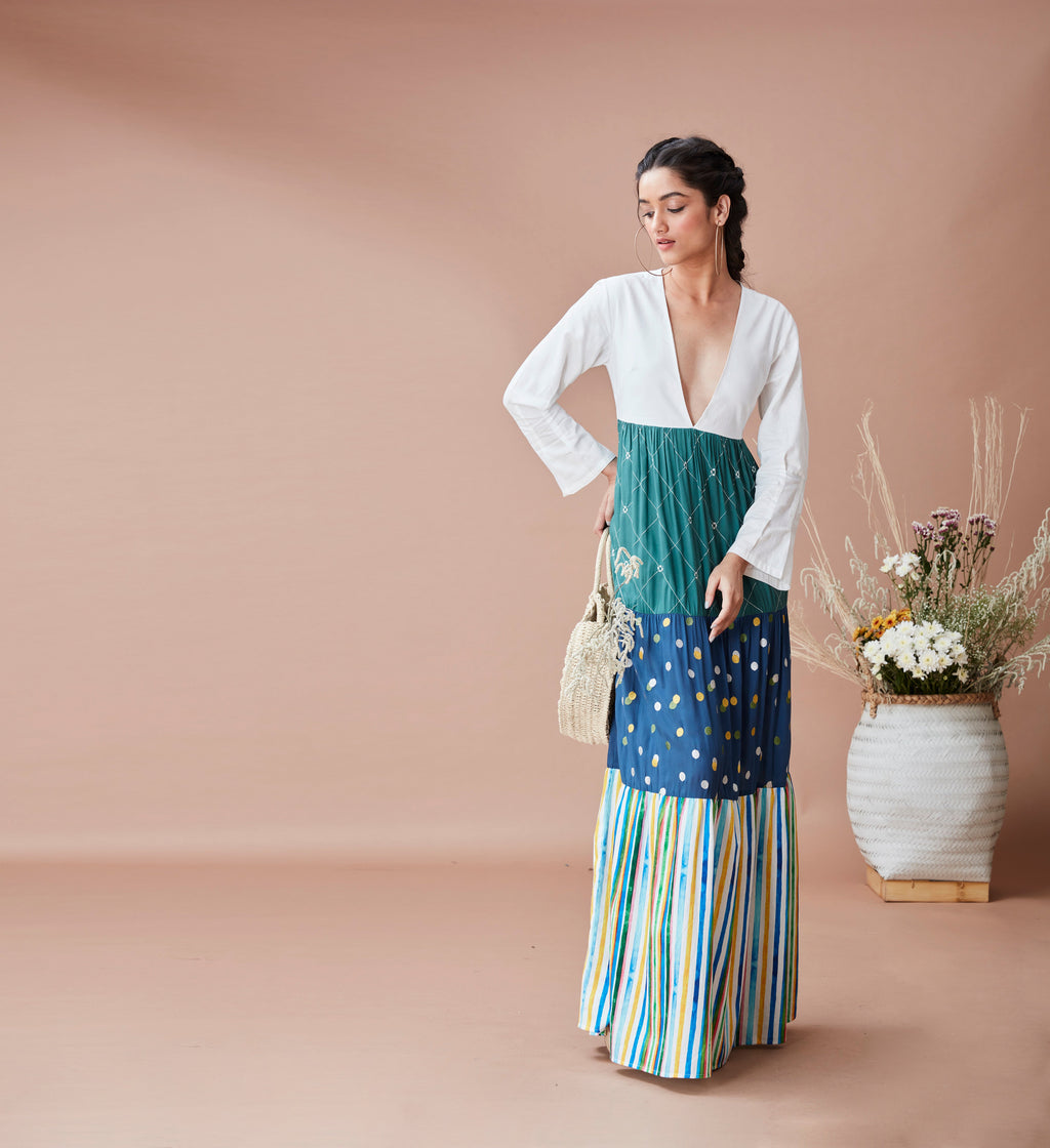 Green Printed Maxi Dress at Kamakhyaa by Dan Ba. This item is Blue, Cotton, For Anniversary, Green, July Sale, July Sale 2023, Maxi Dresses, Natural, Prints, Relaxed Fit, Resort Wear, Tiered Dresses, White, Womenswear