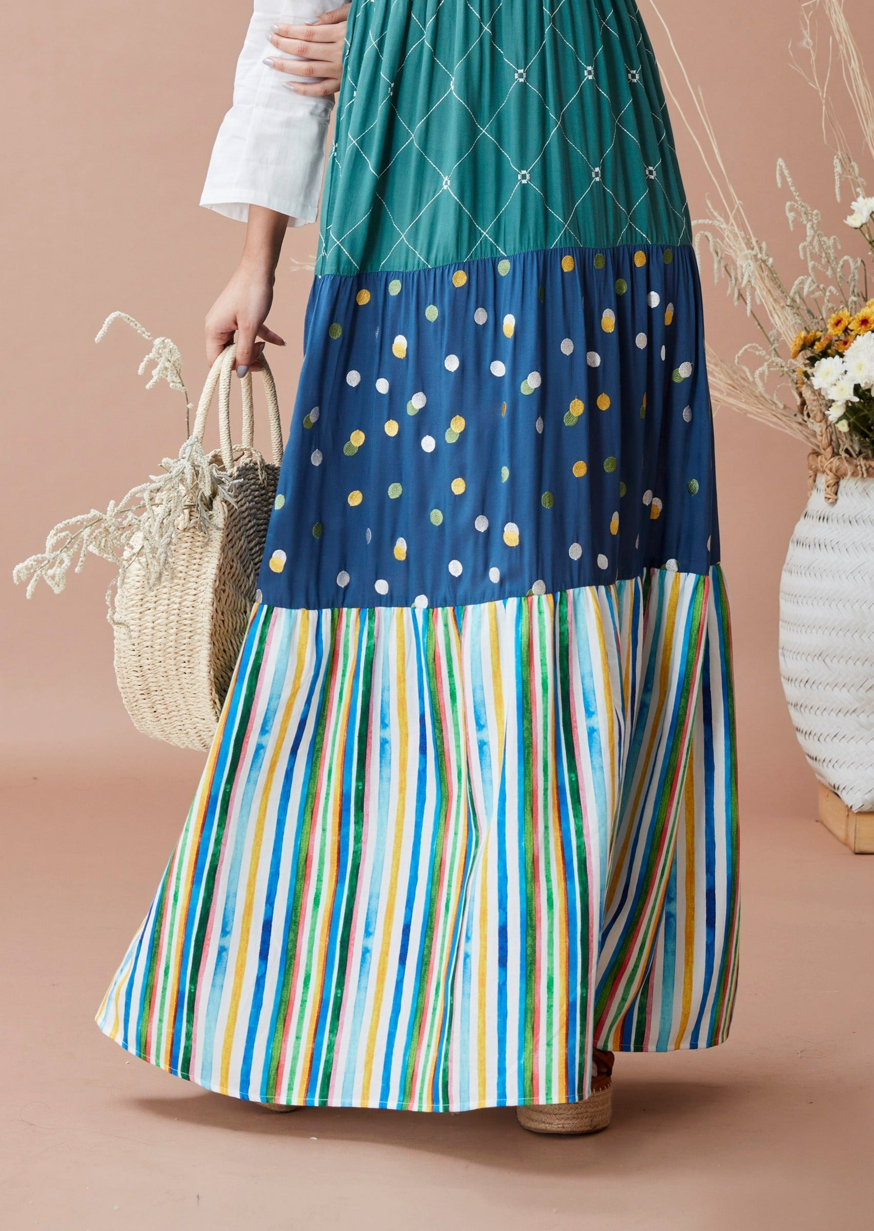 Green Printed Maxi Dress at Kamakhyaa by Dan Ba. This item is Blue, Cotton, For Anniversary, Green, July Sale, July Sale 2023, Maxi Dresses, Natural, Prints, Relaxed Fit, Resort Wear, Tiered Dresses, White, Womenswear