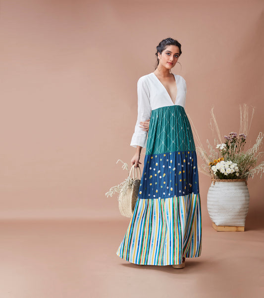 Green Printed Maxi Dress at Kamakhyaa by Dan Ba. This item is Blue, Cotton, For Anniversary, Green, July Sale, July Sale 2023, Maxi Dresses, Natural, Prints, Relaxed Fit, Resort Wear, Tiered Dresses, White, Womenswear