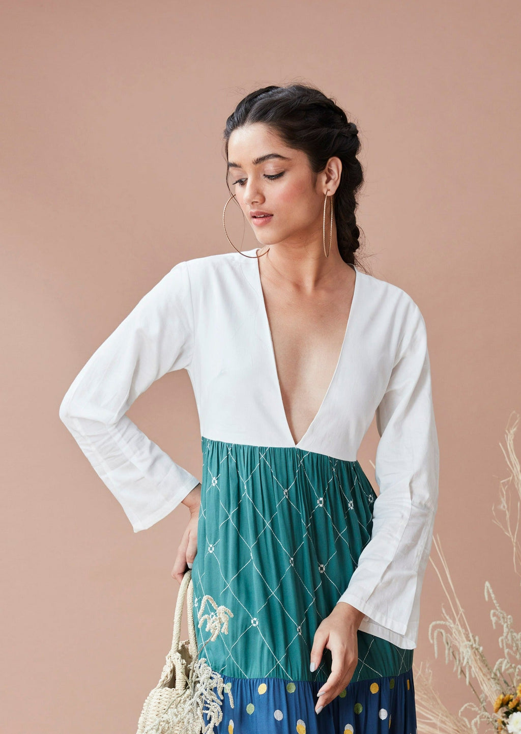 Green Printed Maxi Dress at Kamakhyaa by Dan Ba. This item is Blue, Cotton, For Anniversary, Green, July Sale, July Sale 2023, Maxi Dresses, Natural, Prints, Relaxed Fit, Resort Wear, Tiered Dresses, White, Womenswear