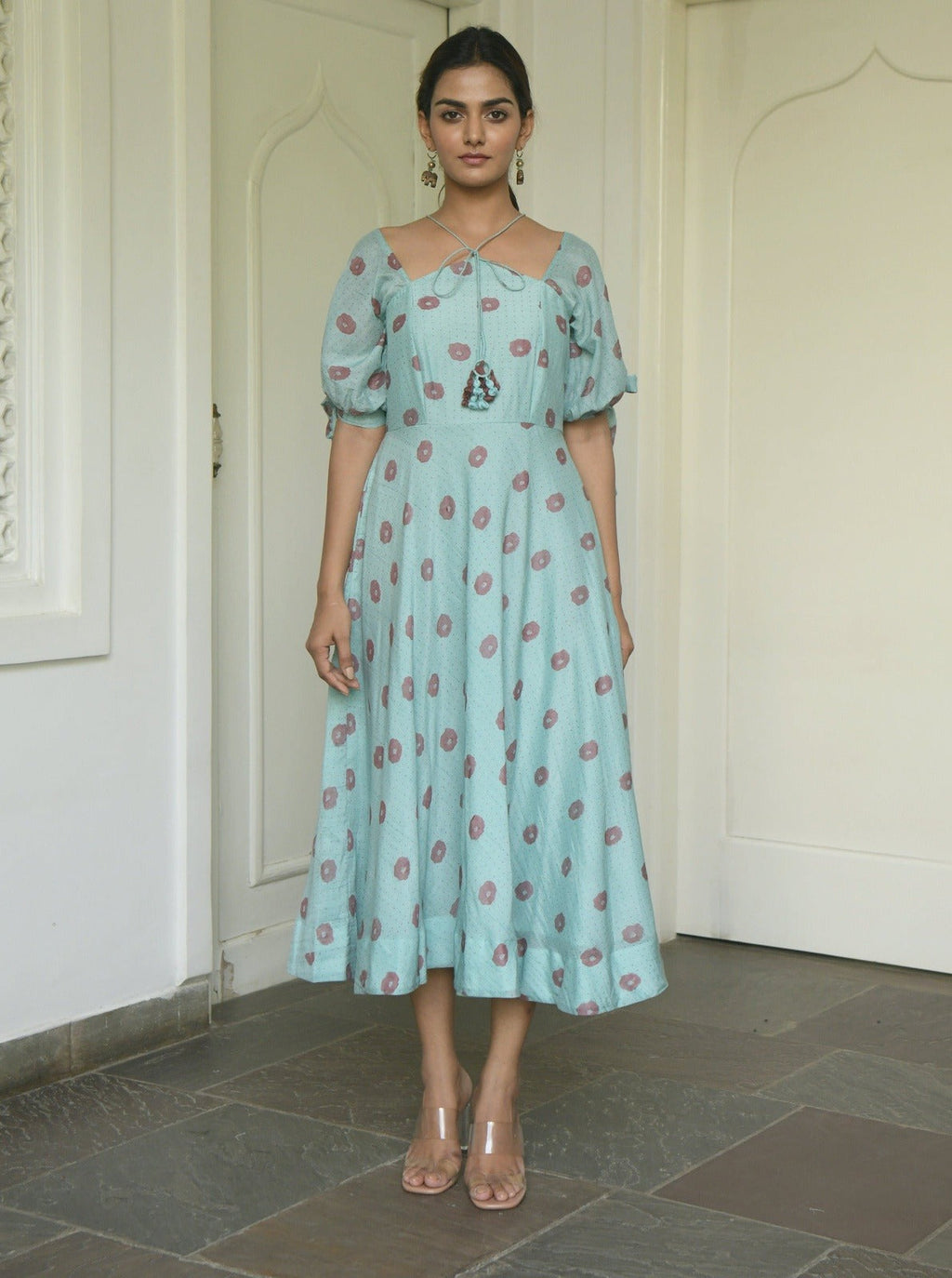 Green Printed Midi Dress at Kamakhyaa by Taro. This item is Evening Wear, Green, Handwoven cotton, July Sale, July Sale 2023, Midi Dresses, Natural, Printed Selfsame, Prints, Regular Fit, Wildflower Taro, Womenswear