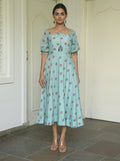 Green Printed Midi Dress at Kamakhyaa by Taro. This item is Evening Wear, Green, Handwoven cotton, July Sale, July Sale 2023, Midi Dresses, Natural, Printed Selfsame, Prints, Regular Fit, Wildflower Taro, Womenswear