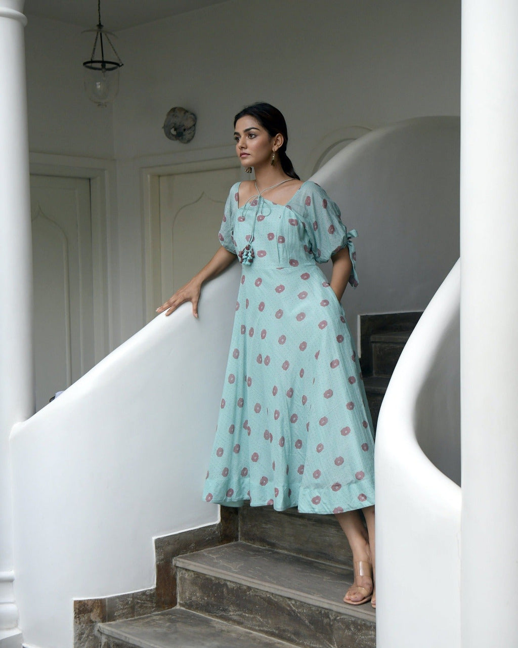 Green Printed Midi Dress at Kamakhyaa by Taro. This item is Evening Wear, Green, Handwoven cotton, July Sale, July Sale 2023, Midi Dresses, Natural, Printed Selfsame, Prints, Regular Fit, Wildflower Taro, Womenswear