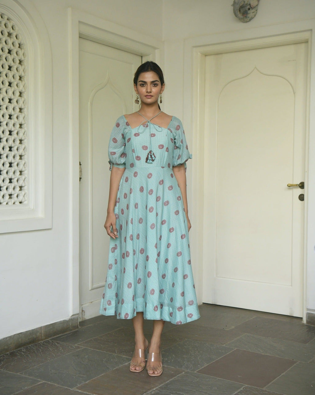 Green Printed Midi Dress at Kamakhyaa by Taro. This item is Evening Wear, Green, Handwoven cotton, July Sale, July Sale 2023, Midi Dresses, Natural, Printed Selfsame, Prints, Regular Fit, Wildflower Taro, Womenswear