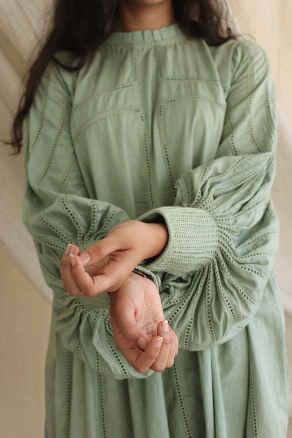 Green Ruffled Full Sleeves Dress at Kamakhyaa by Chambray & Co.. This item is Casual Wear, Cotton, Green, Midi Dresses, Natural, Regular Fit, Ruffle Dresses, Solid Selfmade, Solids, Tiered Dresses, Womenswear