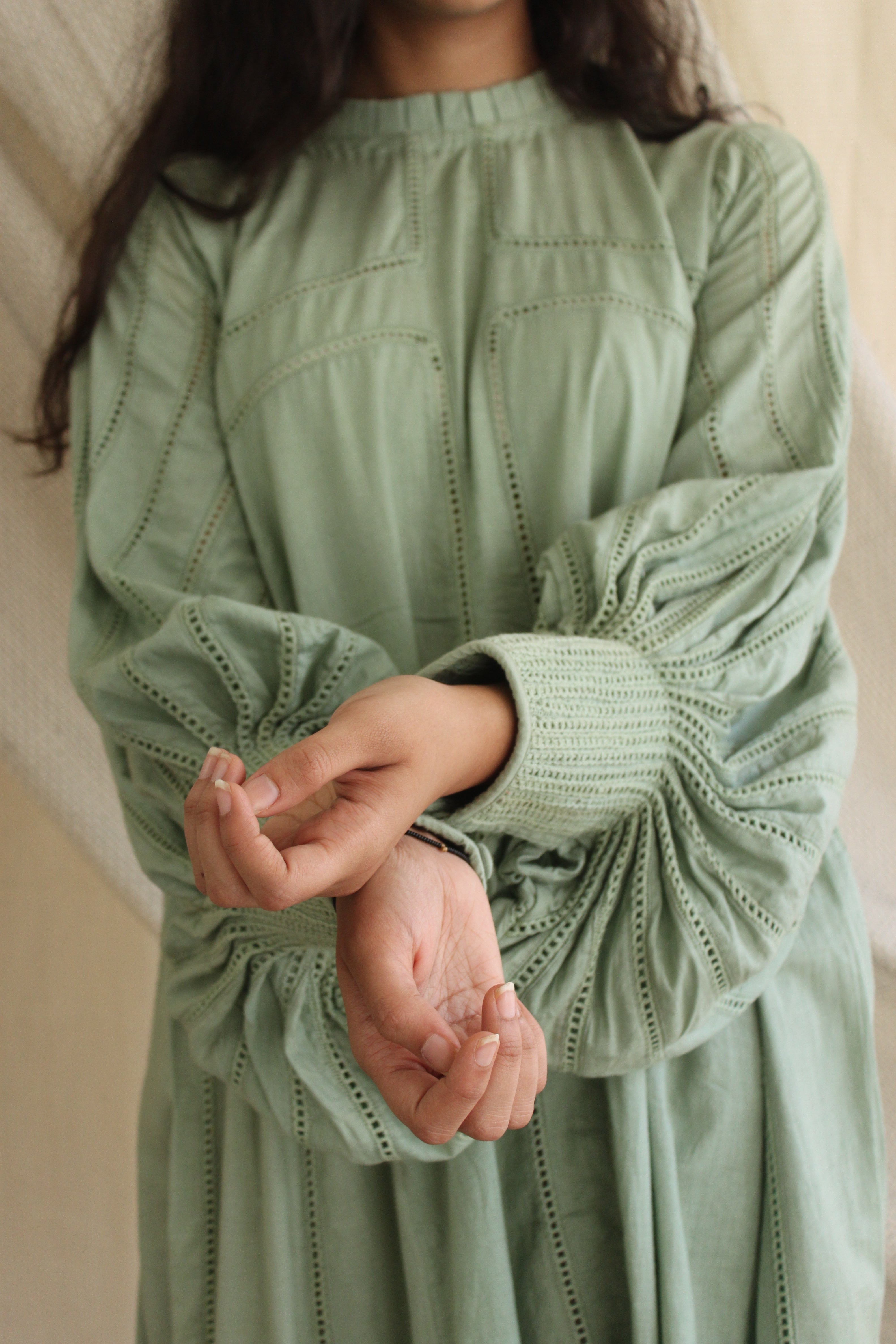 Green Ruffled Full Sleeves Dress at Kamakhyaa by Chambray & Co.. This item is Casual Wear, Cotton, Green, Midi Dresses, Natural, Regular Fit, Ruffle Dresses, Solid Selfmade, Solids, Tiered Dresses, Womenswear