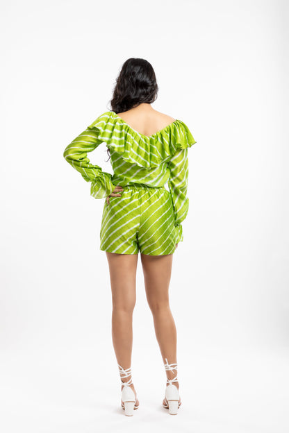 Green Ruffled Tops at Kamakhyaa by House Of Ara. This item is Casual Wear, Chanderi, Green, Leheriya, Leheriya Collection, Natural, Off-shoulder Tops, Regular Fit, Ruffle Tops, Stripes, Womenswear