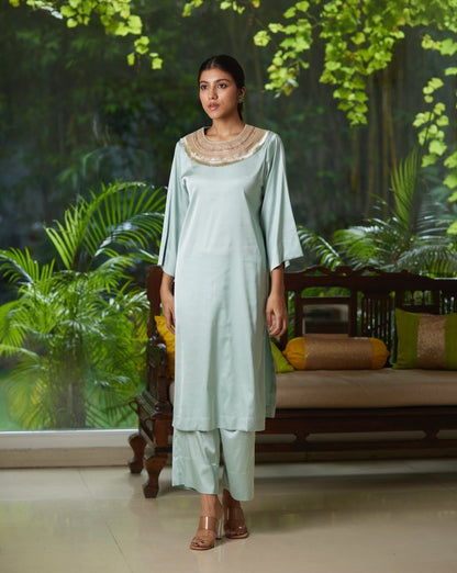 Green Satin Silk Kurta Pant Set at Kamakhyaa by Mayura Kumar. This item is Green, Kurta Pant Sets, Mayura Kumar, Regular Fit, Satin, Silk, Solids, Timeless Elegance, Womenswear