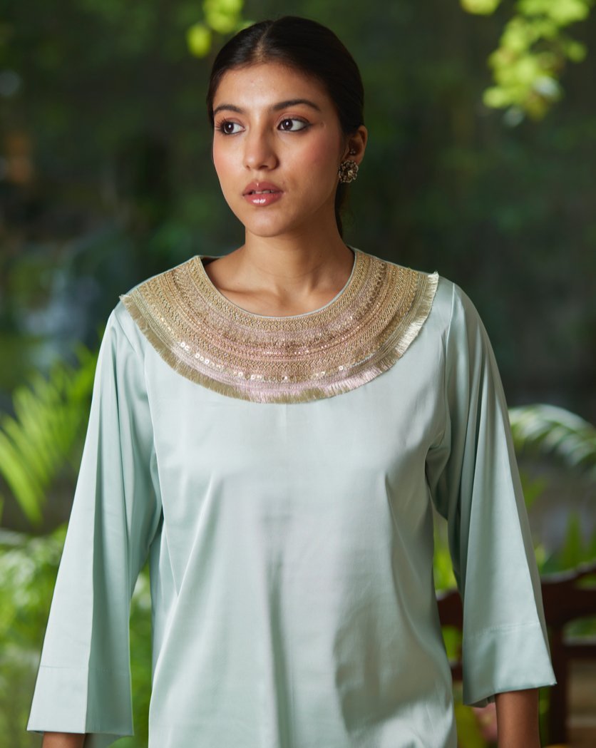 Green Satin Silk Kurta Pant Set at Kamakhyaa by Mayura Kumar. This item is Green, Kurta Pant Sets, Mayura Kumar, Regular Fit, Satin, Silk, Solids, Timeless Elegance, Womenswear