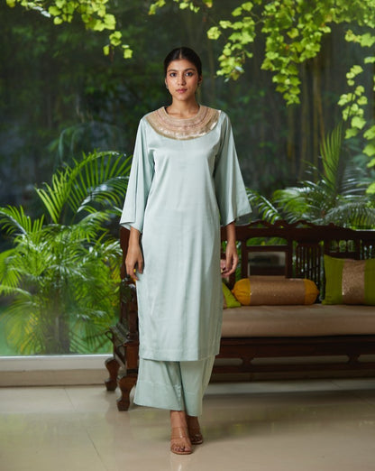 Green Satin Silk Kurta Pant Set at Kamakhyaa by Mayura Kumar. This item is Green, Kurta Pant Sets, Mayura Kumar, Regular Fit, Satin, Silk, Solids, Timeless Elegance, Womenswear