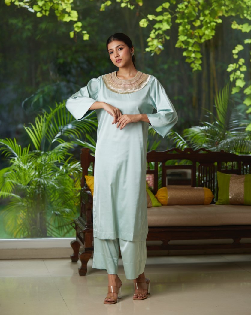 Green Satin Silk Kurta Pant Set at Kamakhyaa by Mayura Kumar. This item is Green, Kurta Pant Sets, Mayura Kumar, Regular Fit, Satin, Silk, Solids, Timeless Elegance, Womenswear