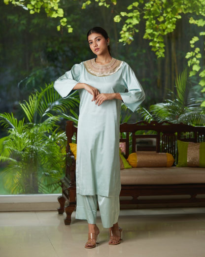 Green Satin Silk Kurta Pant Set at Kamakhyaa by Mayura Kumar. This item is Green, Kurta Pant Sets, Mayura Kumar, Regular Fit, Satin, Silk, Solids, Timeless Elegance, Womenswear