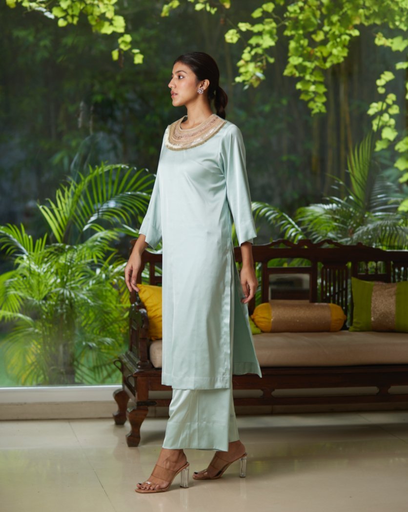 Green Satin Silk Kurta Pant Set at Kamakhyaa by Mayura Kumar. This item is Green, Kurta Pant Sets, Mayura Kumar, Regular Fit, Satin, Silk, Solids, Timeless Elegance, Womenswear