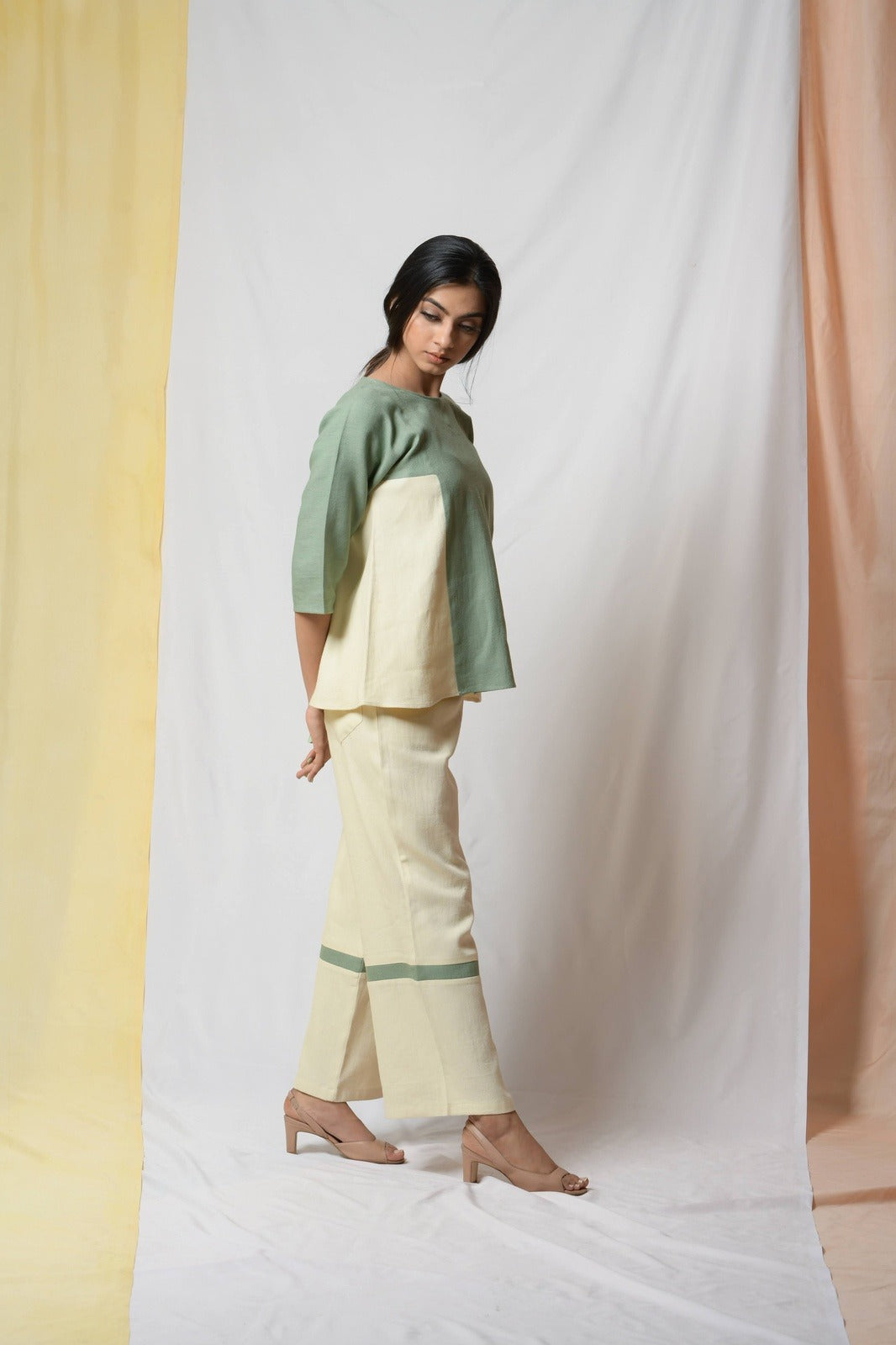 Green Scent Of Earth Tunic Top at Kamakhyaa by Niraa. This item is Blouses, Cotton khadi, Fitted At Bust, Green, Natural with azo dyes, Office Wear, Solids, Tales of rippling brooks, Tops, Womenswear