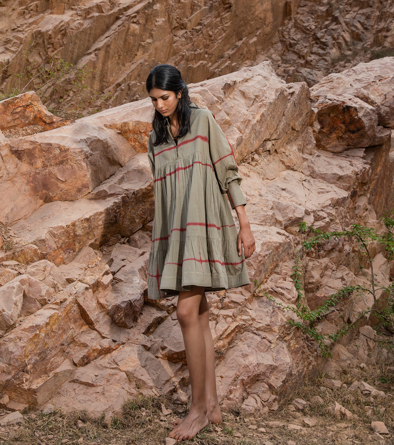 Green Shibori dyed Mini Dress at Kamakhyaa by Khara Kapas. This item is 32 Days, Cotton, Earth Party, For Her, Green, Mini Dresses, Mulmul, Natural, Ombre & Dyes, Printed Selfsame, Relaxed Fit, Resort Wear, Tiered Dresses, Womenswear