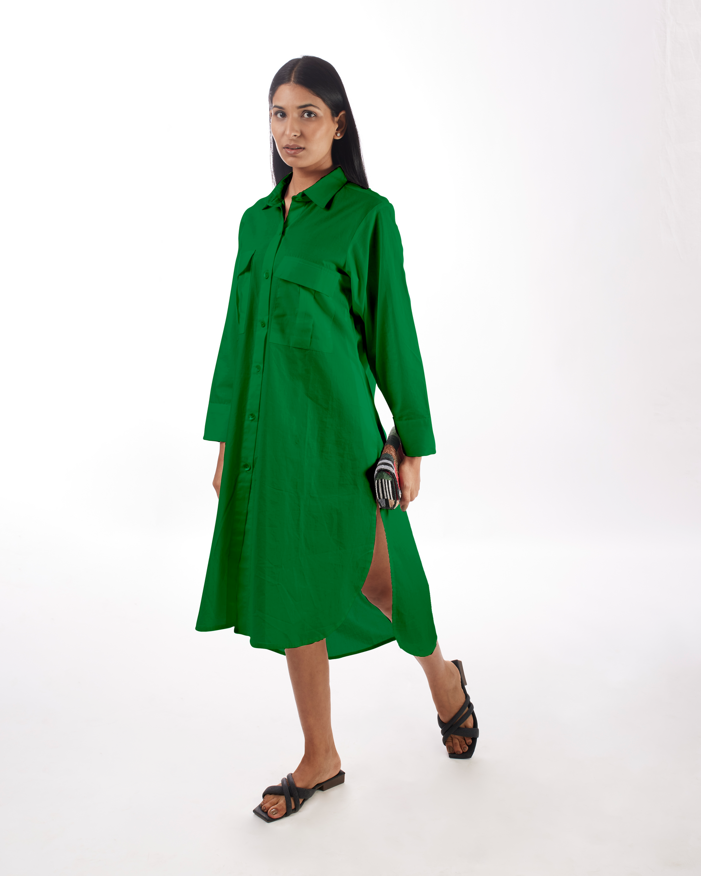 Green Shirt Dress High-Low at Kamakhyaa by Kamakhyaa. This item is Casual Wear, Green, KKYSS, Natural, Relaxed Fit, Shirt Dresses, Solids, Summer Sutra, Womenswear