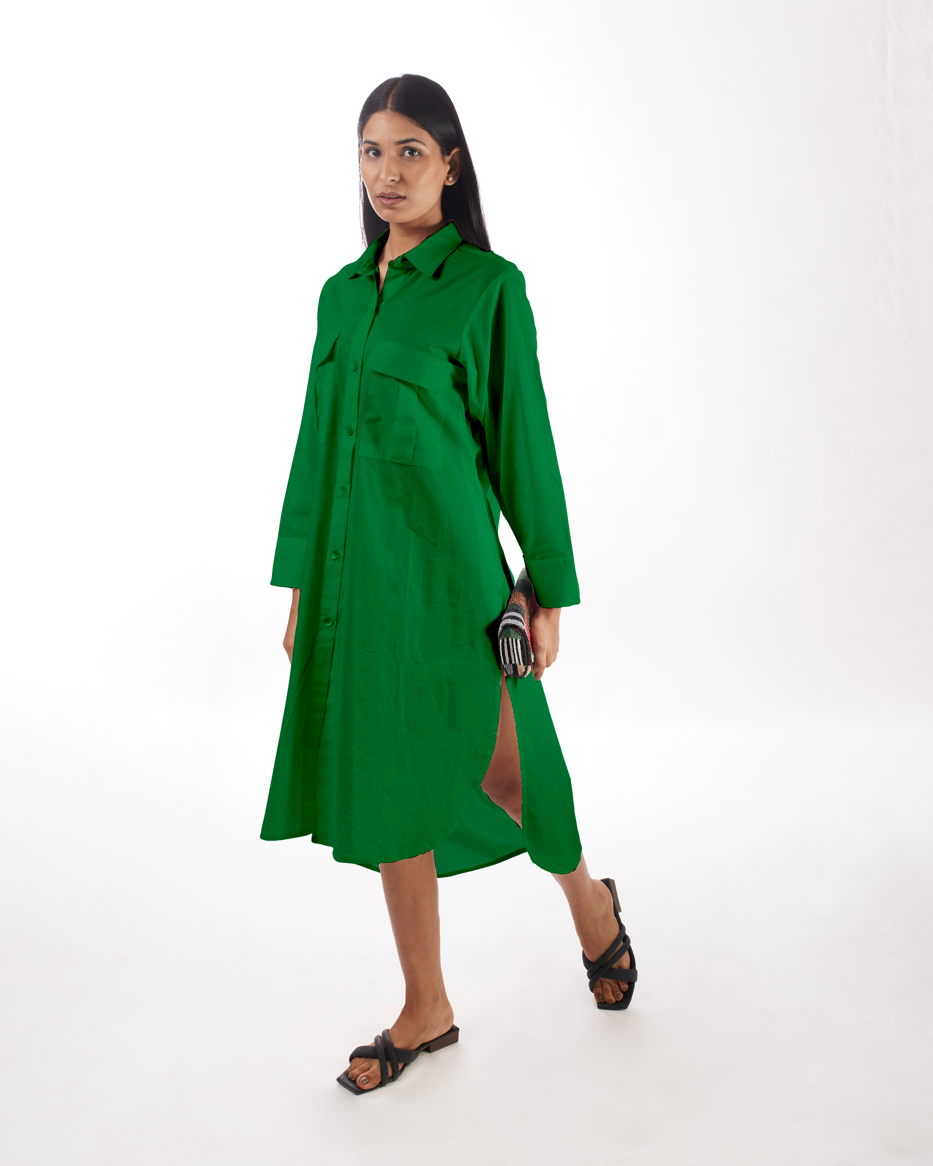 Green Shirt Dress High-Low at Kamakhyaa by Kamakhyaa. This item is Casual Wear, Green, KKYSS, Natural, Relaxed Fit, Shirt Dresses, Solids, Summer Sutra, Womenswear