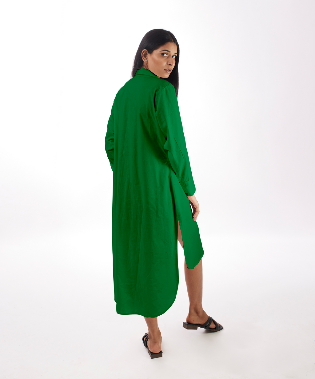 Green Shirt Dress High-Low at Kamakhyaa by Kamakhyaa. This item is Casual Wear, Green, KKYSS, Natural, Relaxed Fit, Shirt Dresses, Solids, Summer Sutra, Womenswear