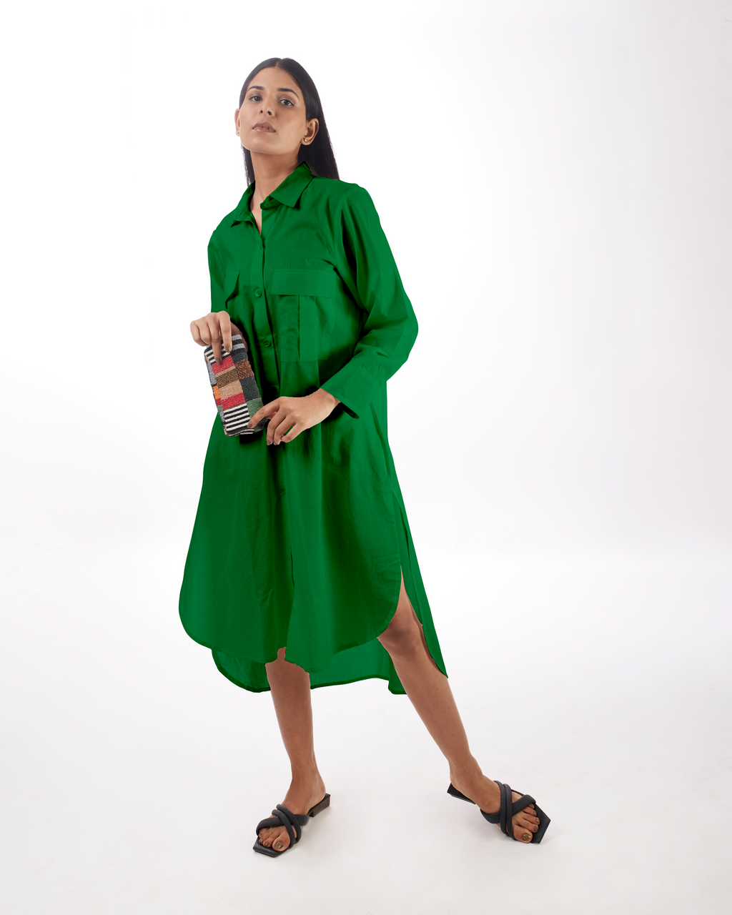Green Shirt Dress High-Low at Kamakhyaa by Kamakhyaa. This item is Casual Wear, Green, KKYSS, Natural, Relaxed Fit, Shirt Dresses, Solids, Summer Sutra, Womenswear