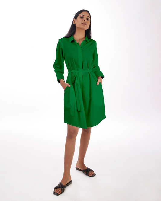 Green Shirt Dress Mini Full Sleeves at Kamakhyaa by Kamakhyaa. This item is Casual Wear, Green, KKYSS, Natural, Relaxed Fit, Shirt Dresses, Solids, Summer Sutra, Womenswear