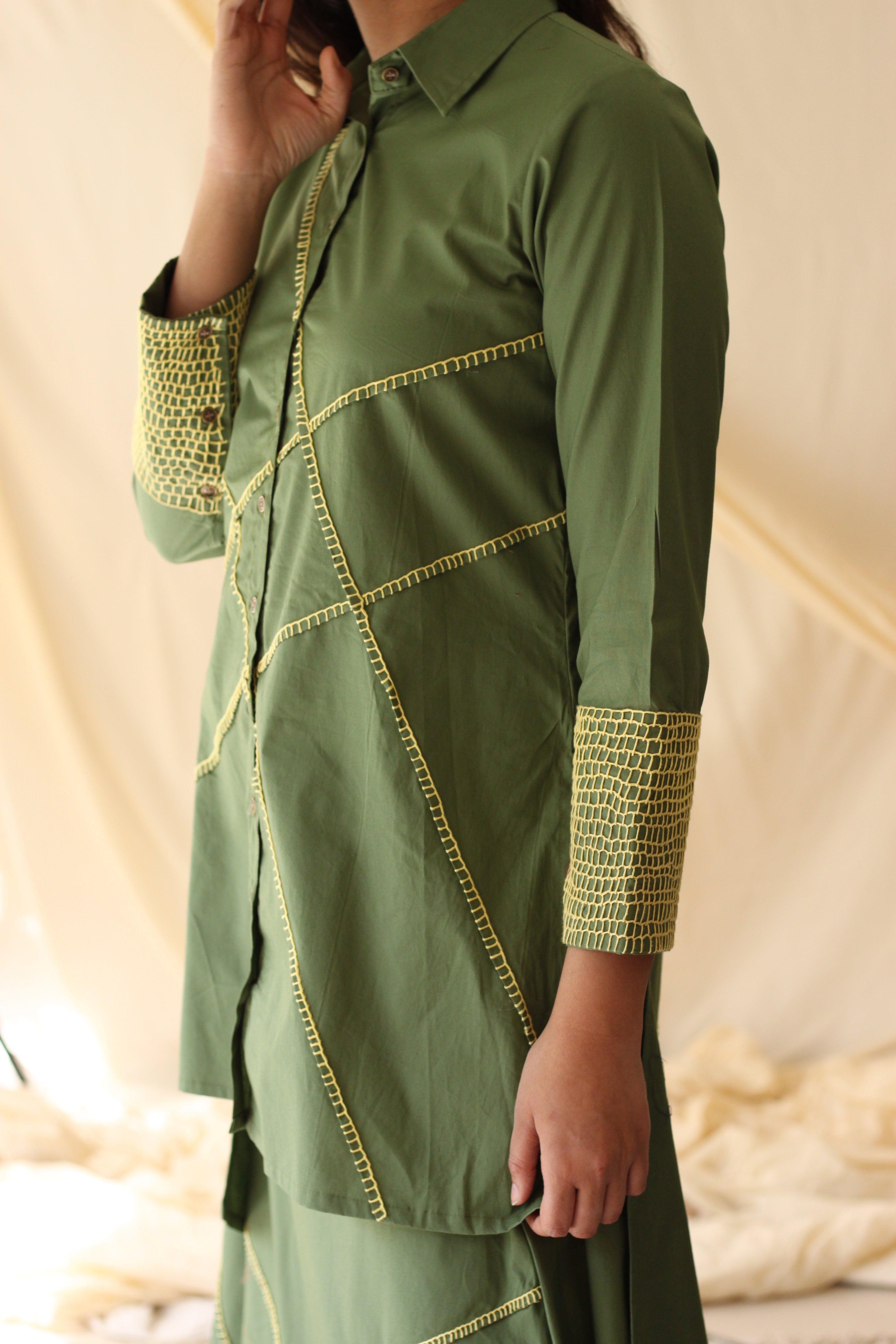 Green Shirt With Skirt Cotton Complete Set at Kamakhyaa by Chambray & Co.. This item is Casual Wear, Co-ord Sets, Cotton, Green, Natural, Regular Fit, Skirt Sets, Solids, Travel Co-ords, Womenswear