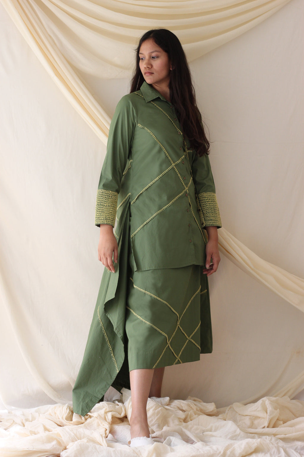 Green Shirt With Skirt Cotton Complete Set at Kamakhyaa by Chambray & Co.. This item is Casual Wear, Co-ord Sets, Cotton, Green, Natural, Regular Fit, Skirt Sets, Solids, Travel Co-ords, Womenswear