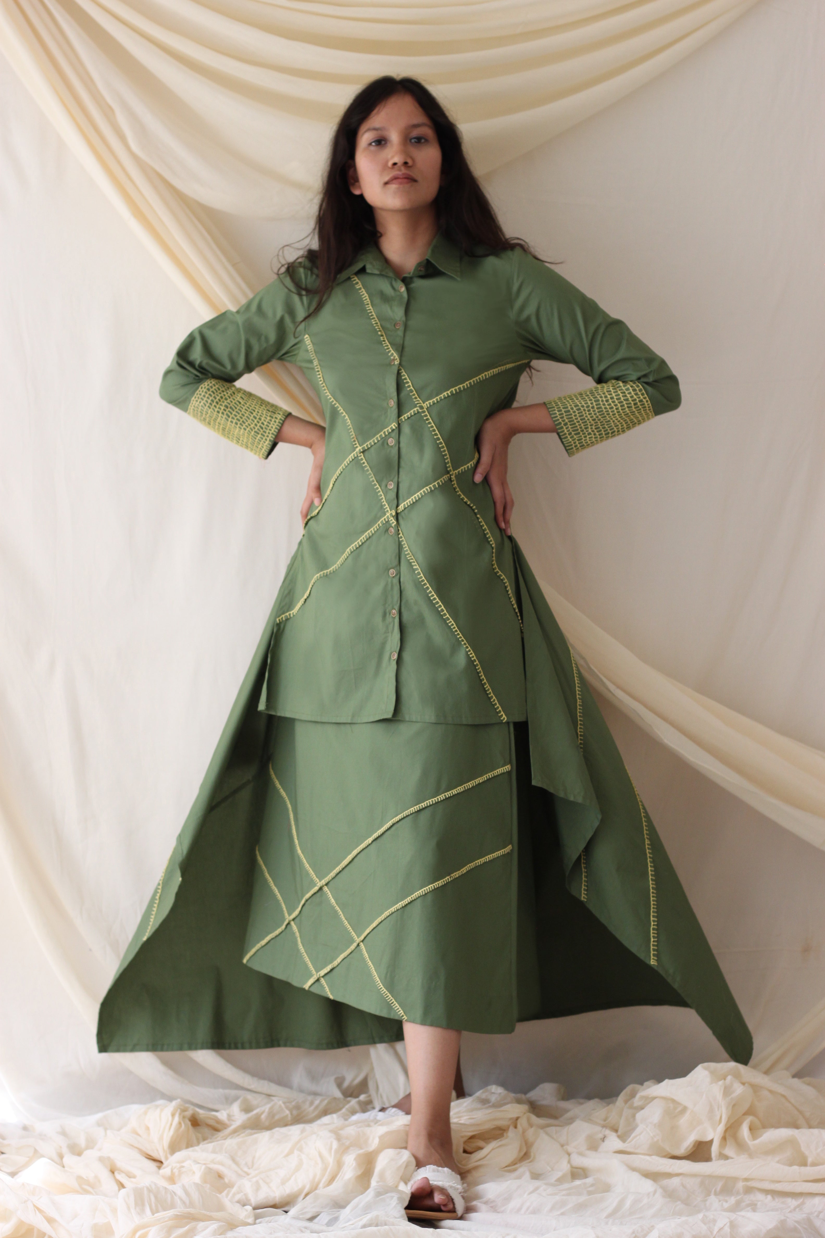 Green Shirt With Skirt Cotton Complete Set at Kamakhyaa by Chambray & Co.. This item is Casual Wear, Co-ord Sets, Cotton, Green, Natural, Regular Fit, Skirt Sets, Solids, Travel Co-ords, Womenswear