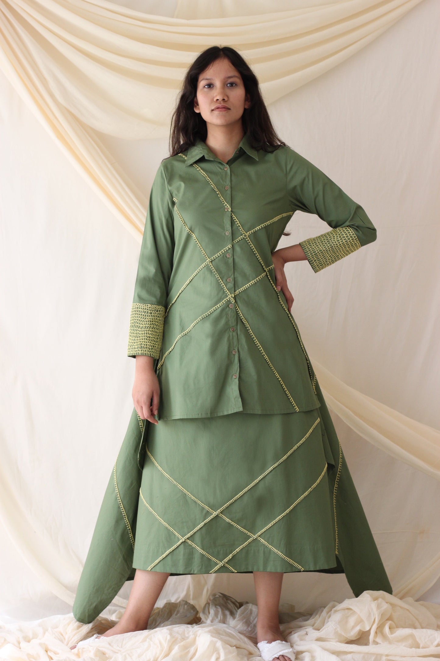 Green Shirt With Skirt Cotton Complete Set at Kamakhyaa by Chambray & Co.. This item is Casual Wear, Co-ord Sets, Cotton, Green, Natural, Regular Fit, Skirt Sets, Solids, Travel Co-ords, Womenswear
