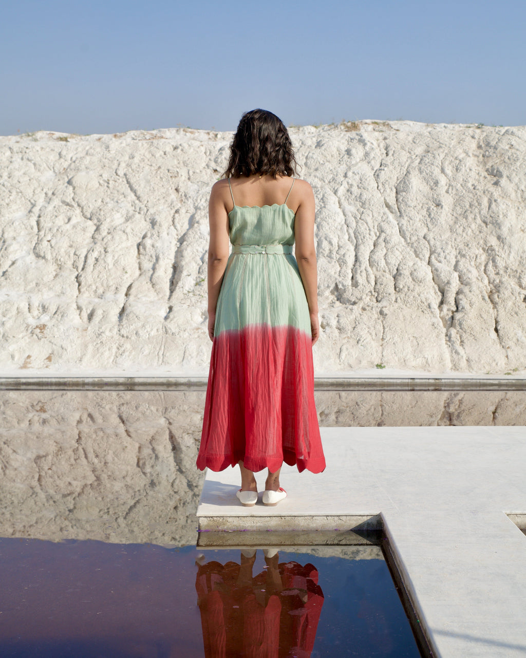 Green Silk Midi Dress at Kamakhyaa by The Loom Art. This item is Aurora SS24, Best Selling, Casual Wear, Chanderi Silk, FB ADS JUNE, Green, July Sale, July Sale 2023, Midi Dresses, Ombre & Dyes, Organic, Regular Fit, Sleeveless Dresses, Womenswear