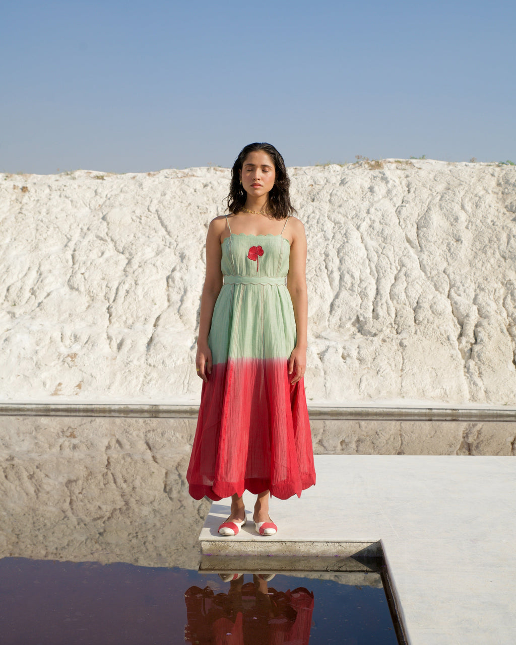 Green Silk Midi Dress at Kamakhyaa by The Loom Art. This item is Aurora SS24, Best Selling, Casual Wear, Chanderi Silk, FB ADS JUNE, Green, July Sale, July Sale 2023, Midi Dresses, Ombre & Dyes, Organic, Regular Fit, Sleeveless Dresses, Womenswear