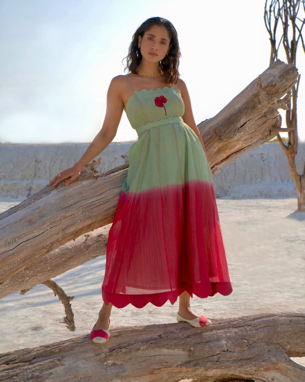 Green Silk Midi Dress at Kamakhyaa by The Loom Art. This item is Aurora SS24, Best Selling, Casual Wear, Chanderi Silk, FB ADS JUNE, Green, July Sale, July Sale 2023, Midi Dresses, Ombre & Dyes, Organic, Regular Fit, Sleeveless Dresses, Womenswear