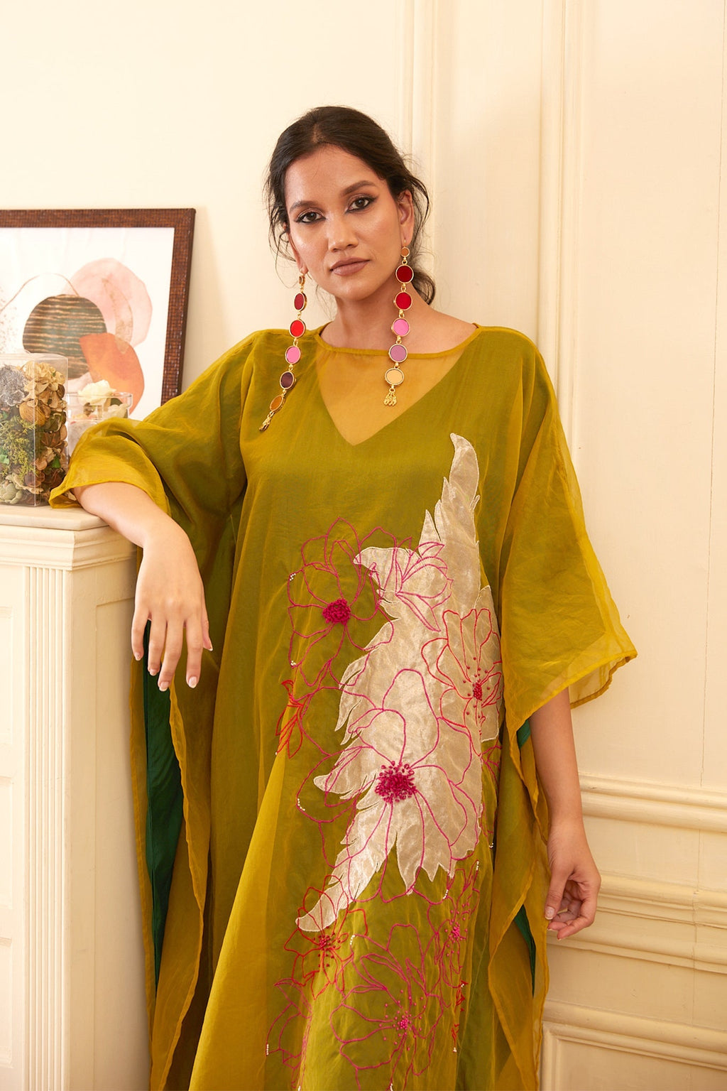 Green Silk Organza Kaftan Dress at Kamakhyaa by Chambray & Co.. This item is Chambray & Co, Dress Sets, Dresses, Embroidered, Green, Natural, Organza, Party Wear, Relaxed Fit, Taabir, Womenswear