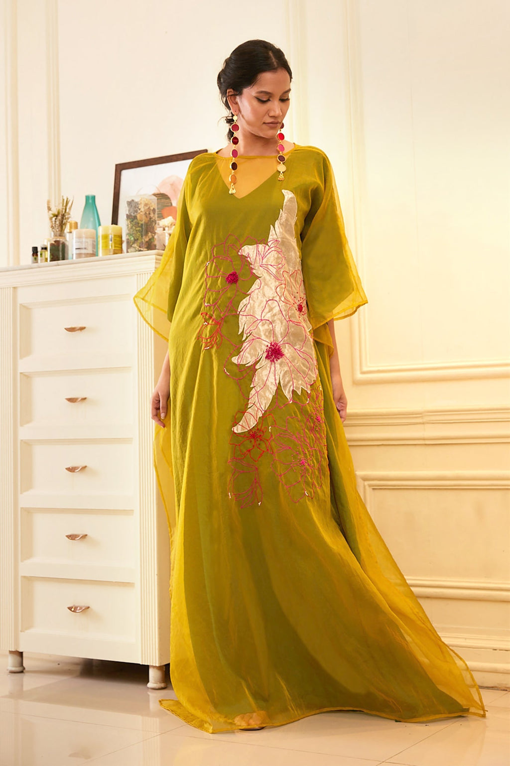 Green Silk Organza Kaftan Dress at Kamakhyaa by Chambray & Co.. This item is Chambray & Co, Dress Sets, Dresses, Embroidered, Green, Natural, Organza, Party Wear, Relaxed Fit, Taabir, Womenswear