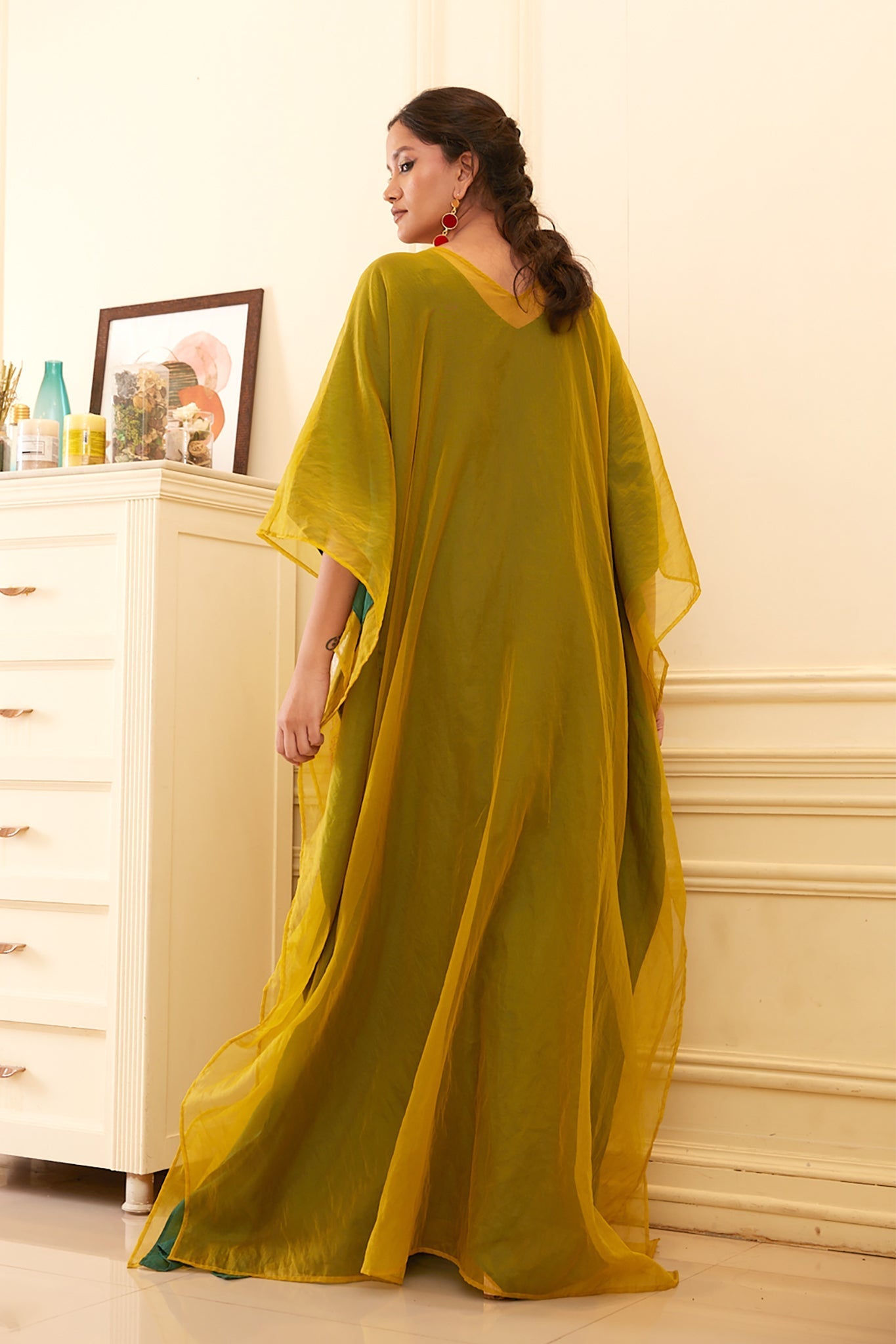Green Silk Organza Kaftan Dress at Kamakhyaa by Chambray & Co.. This item is Chambray & Co, Dress Sets, Dresses, Embroidered, Green, Natural, Organza, Party Wear, Relaxed Fit, Taabir, Womenswear