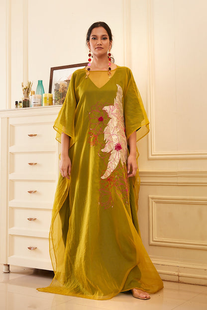 Green Silk Organza Kaftan Dress at Kamakhyaa by Chambray & Co.. This item is Chambray & Co, Dress Sets, Dresses, Embroidered, Green, Natural, Organza, Party Wear, Relaxed Fit, Taabir, Womenswear