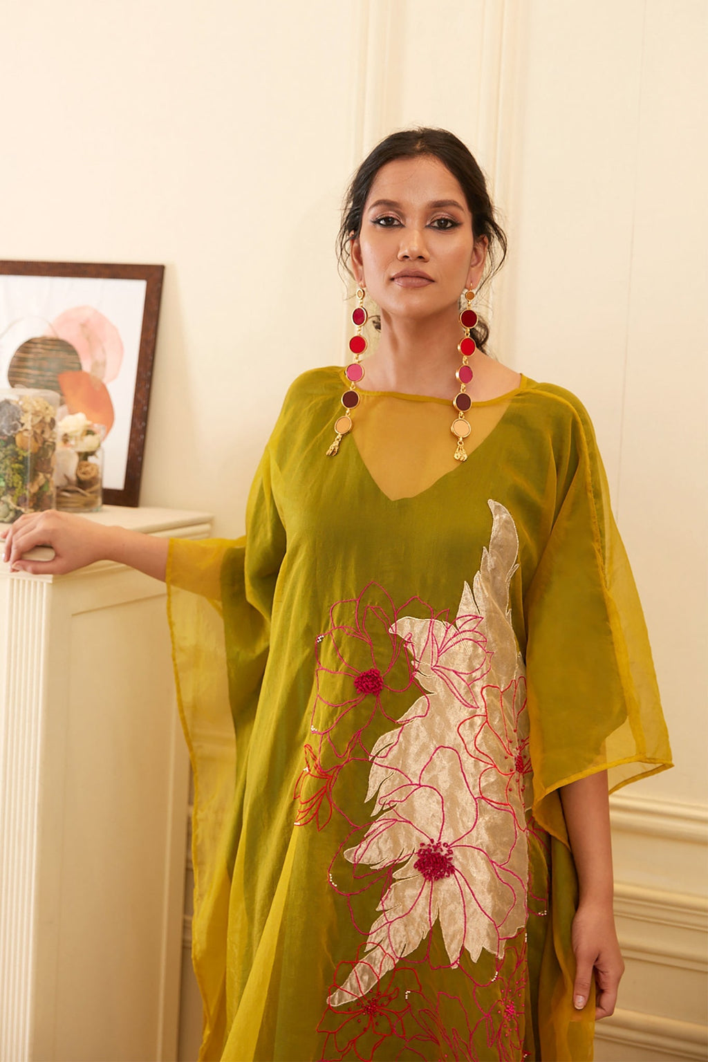 Green Silk Organza Kaftan Dress at Kamakhyaa by Chambray & Co.. This item is Chambray & Co, Dress Sets, Dresses, Embroidered, Green, Natural, Organza, Party Wear, Relaxed Fit, Taabir, Womenswear