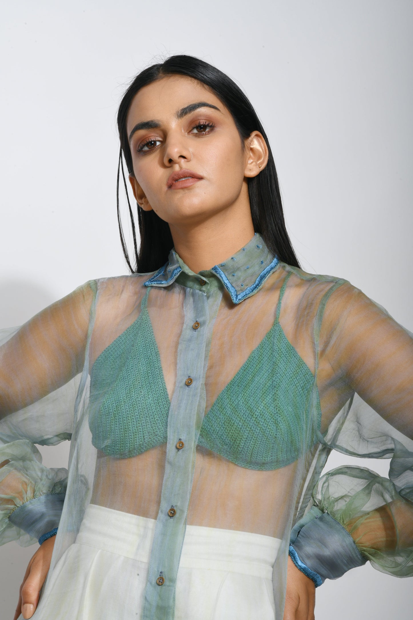 Green Silk Organza Shirt at Kamakhyaa by The Loom Art. This item is Between the Lines, Green, July Sale, July Sale 2023, Natural, Party Wear, Regular Fit, Shirts, Silk Organza, Tops, Womenswear
