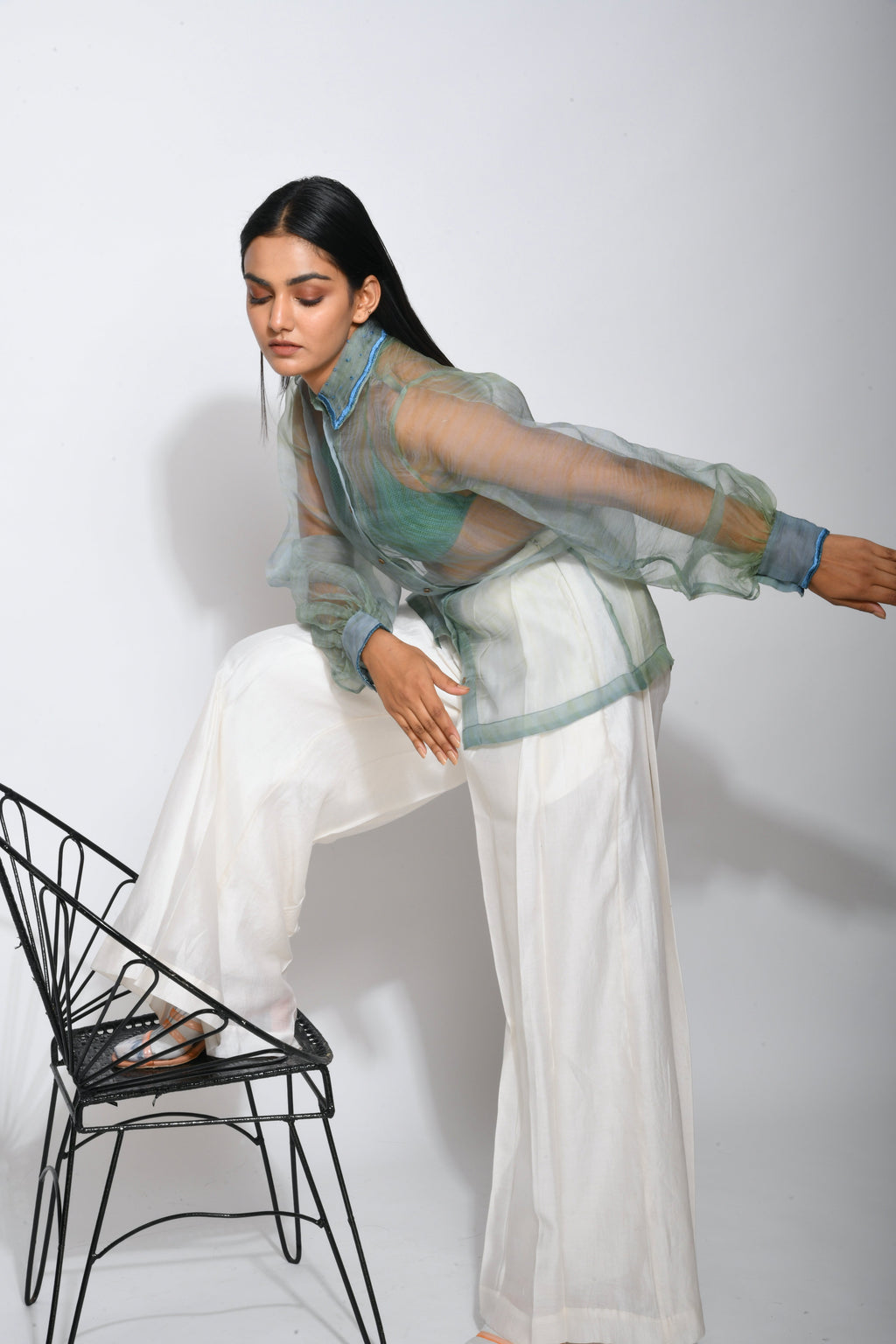Green Silk Organza Shirt at Kamakhyaa by The Loom Art. This item is Between the Lines, Green, July Sale, July Sale 2023, Natural, Party Wear, Regular Fit, Shirts, Silk Organza, Tops, Womenswear