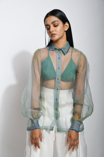 Green Silk Organza Shirt at Kamakhyaa by The Loom Art. This item is Between the Lines, Green, July Sale, July Sale 2023, Natural, Party Wear, Regular Fit, Shirts, Silk Organza, Tops, Womenswear