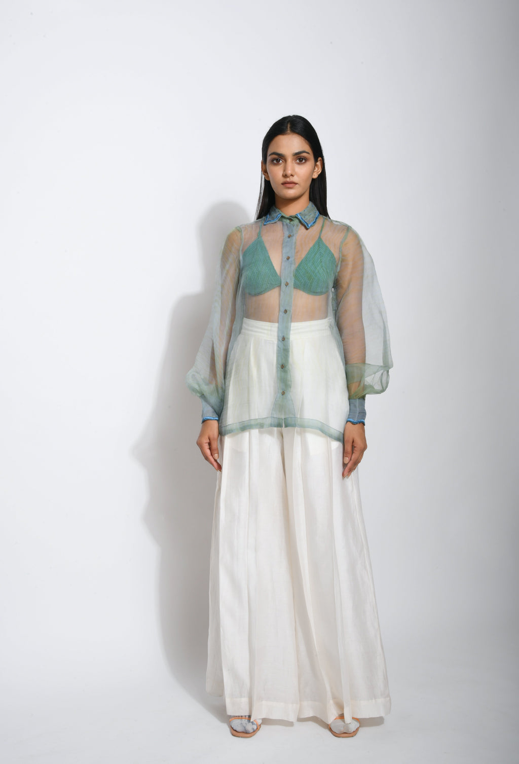 Green Silk Organza Shirt at Kamakhyaa by The Loom Art. This item is Between the Lines, Green, July Sale, July Sale 2023, Natural, Party Wear, Regular Fit, Shirts, Silk Organza, Tops, Womenswear