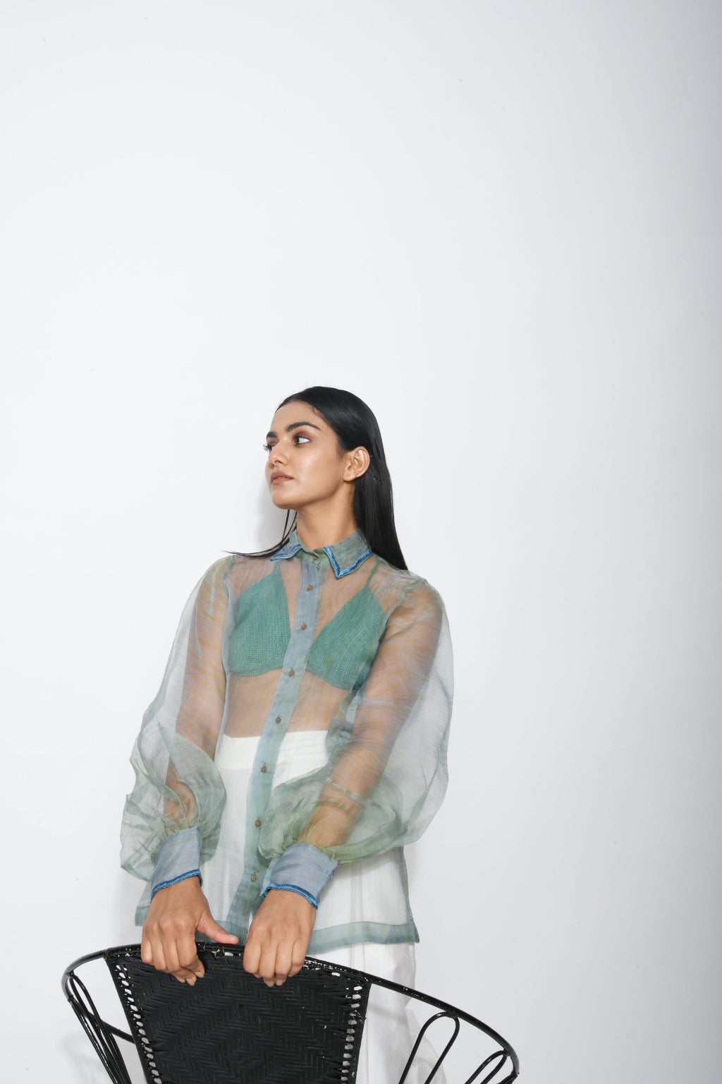Green Silk Organza Shirt at Kamakhyaa by The Loom Art. This item is Between the Lines, Green, July Sale, July Sale 2023, Natural, Party Wear, Regular Fit, Shirts, Silk Organza, Tops, Womenswear