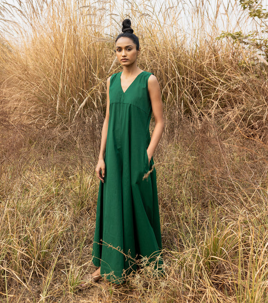 Green Sleeveless Jumpsuit at Kamakhyaa by Khara Kapas. This item is Green, Jumpsuits, Lost & Found, Natural, Poplin, Regular Fit, Resort Wear, Solids, Womenswear