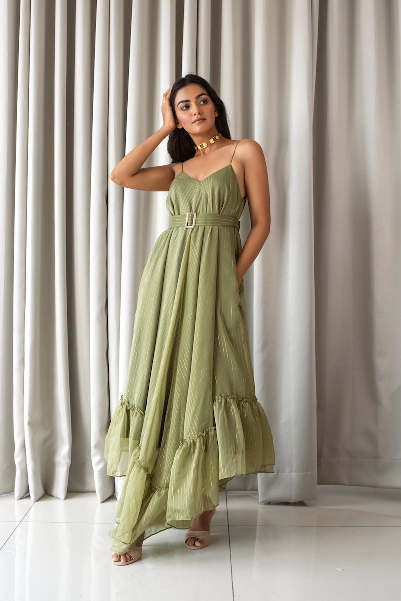 Green Sleeveless Maxi Dress at Kamakhyaa by Taro. This item is Bahaar Taro, Best Selling, Cotton, Evening Wear, FB ADS JUNE, Green, Handloom Blend, Indo-Western, July Sale, July Sale 2023, Maxi Dresses, Natural, Regular Fit, Sleeveless Dresses, Textured, Womenswear