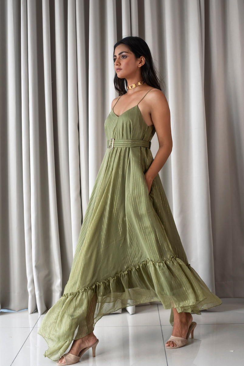 Green Sleeveless Maxi Dress at Kamakhyaa by Taro. This item is Bahaar Taro, Best Selling, Cotton, Evening Wear, FB ADS JUNE, Green, Handloom Blend, Indo-Western, July Sale, July Sale 2023, Maxi Dresses, Natural, Regular Fit, Sleeveless Dresses, Textured, Womenswear