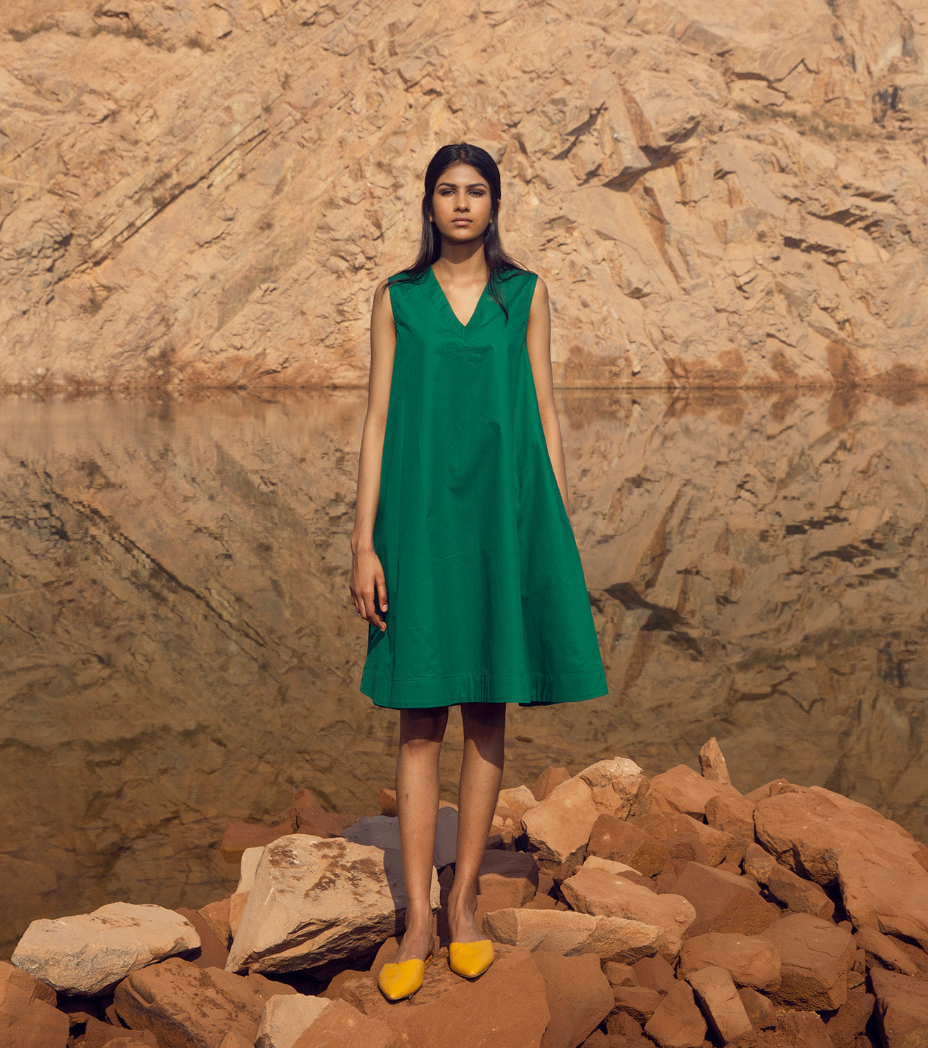 Green Sleeveless Mini Dress at Kamakhyaa by Khara Kapas. This item is 32 Days, Earth Party, Green, Mini Dresses, Natural, Poplin, Relaxed Fit, Resort Wear, Sleeveless Dresses, Solid Selfmade, Solids, Womenswear